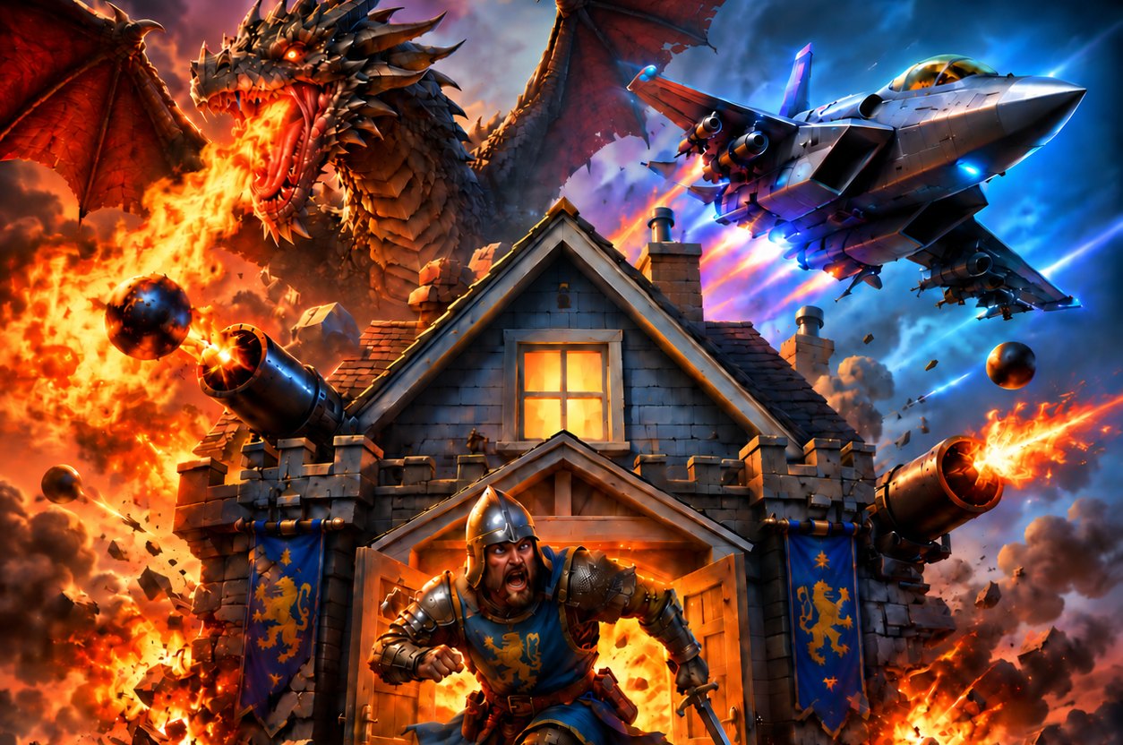 Key art illustration: a fortified house under siege as a dragon and fighter jet clash above it.